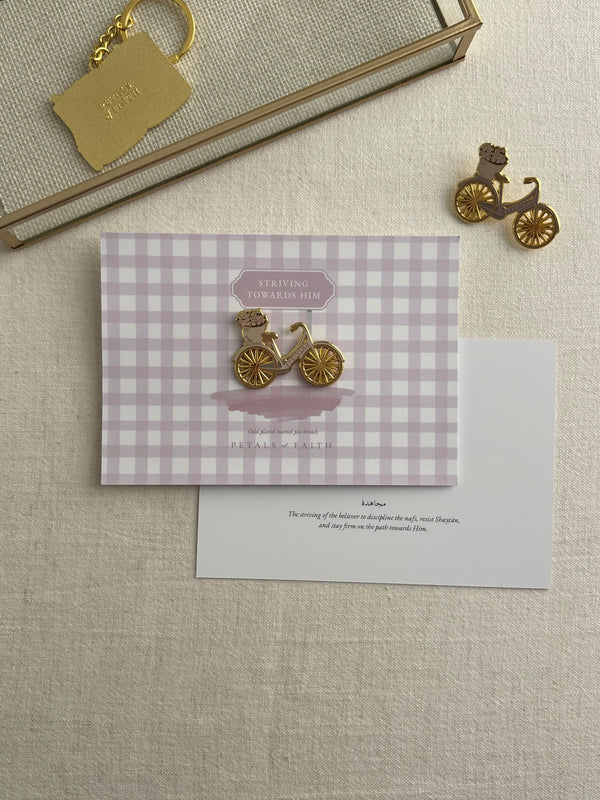 Lilac Bicycle Enamel Pin Brooch, Islamic Gift | “Striving Towards Him” Floral Bike Badge