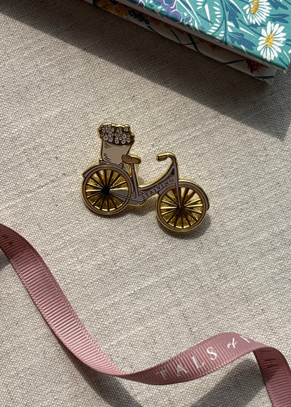 Lilac Bicycle Enamel Pin Brooch, Islamic Gift | “Striving Towards Him” Floral Bike Badge