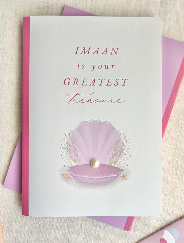 Imaan is your greatest treasure | girl’s A5 notebook | pink, pearl embellished