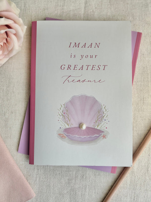 Imaan is your greatest treasure | girl’s A5 notebook | pink, pearl embellished