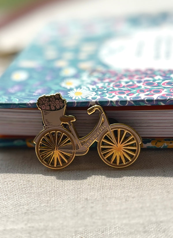 Pink Bicycle Enamel Pin Brooch, Islamic Gift | “Striving Towards Him” Floral Bike Badge