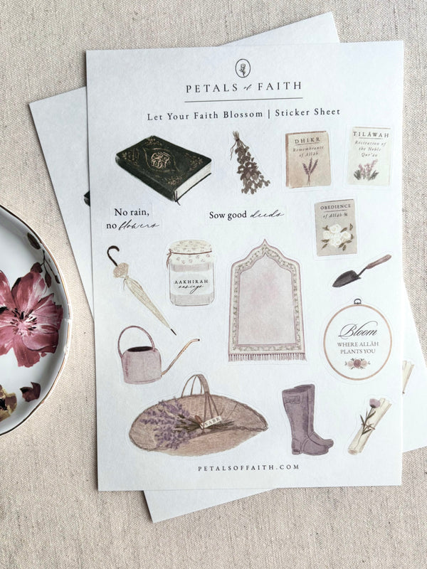 Let Your Faith Blossom | Islamic Sticker Sheet Garden theme A5 | Sabr, Bloom, No Rain, No Flowers designs