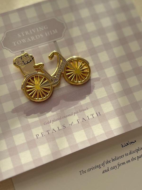 Lilac Bicycle Enamel Pin Brooch, Islamic Gift | “Striving Towards Him” Floral Bike Badge