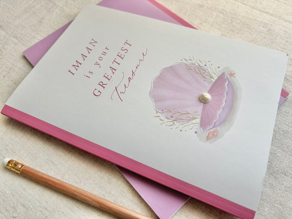 Imaan is your greatest treasure | girl’s A5 notebook | pink, pearl embellished