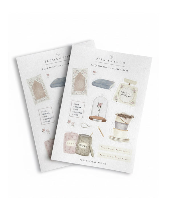 2 a6 Islamic floral sticker sheets on white background. Includes Quran, prayer mat, tea cup stack, sabr shirk jars, rose in glass dome and more