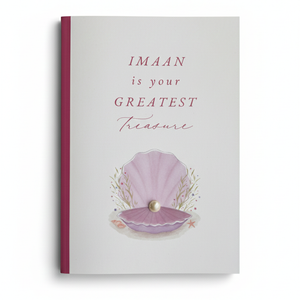 A exercise books for girl with illustration of pearl in oyster using a pearl embellishment. The book has a faith instilling quote and is resting on a white background for clarity