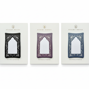 Trio of islamic prayer mat sticky notes in gold foil stamped packaging and ivory backing card. All 3 sticky notes are resting on white background 