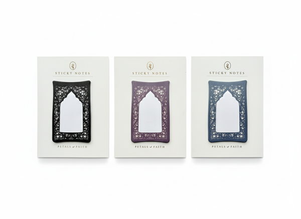 Trio of islamic prayer mat sticky notes in gold foil stamped packaging and ivory backing card. All 3 sticky notes are resting on white background 