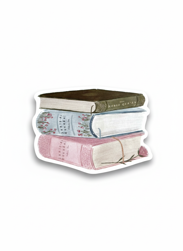 Sacred Knowledge Book Stack, Quran and sahih bukari illustrated sticker with florals. 
