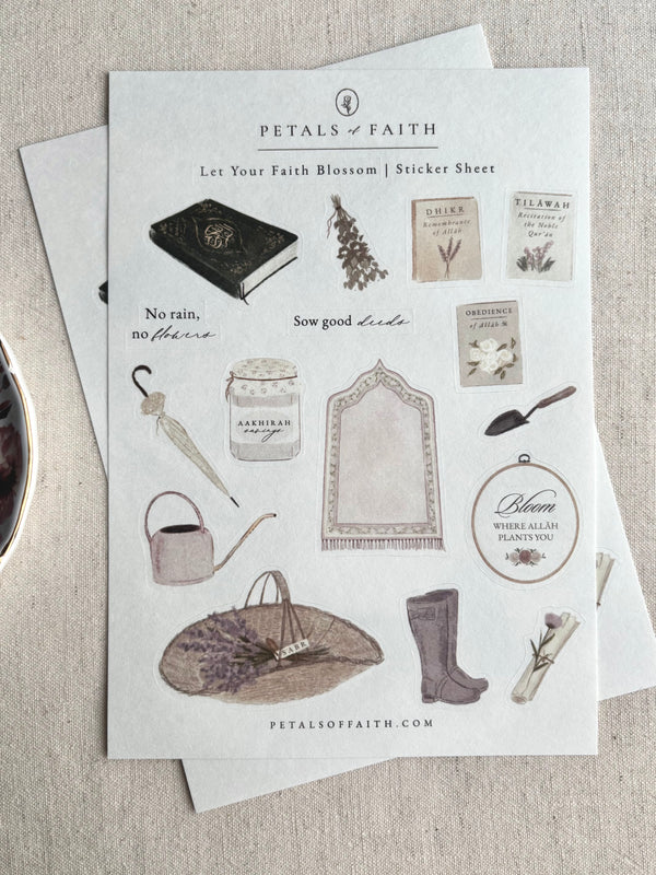 Let Your Faith Blossom Islamic sticker sheet. Garden theme in muted tones, textured matte finish. Front product photo