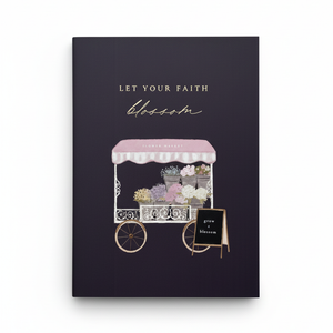 Islamic stationery notebook. Featuring gold foiled quote and flower cart illustration on a dark purple cover. The book is flat on a clean white background 
