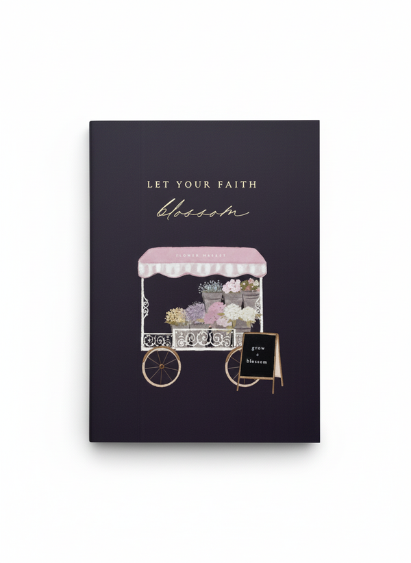 Islamic stationery notebook. Featuring gold foiled quote and flower cart illustration on a dark purple cover. The book is flat on a clean white background 