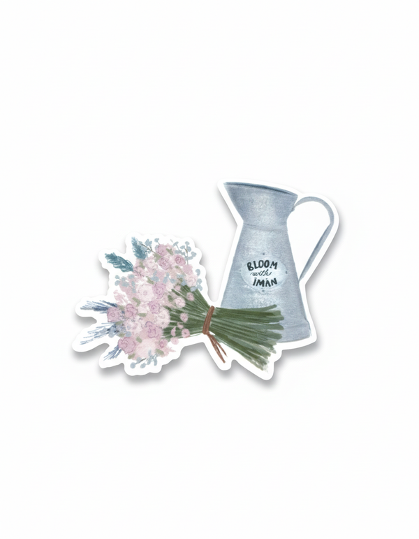 Let Your Faith Blossom, floral islamic sticker, clear product photo resting on white background 