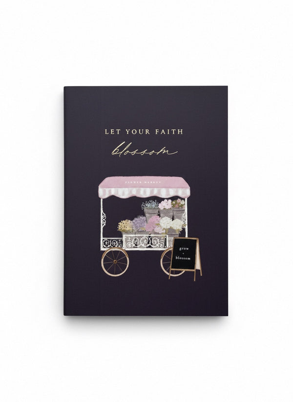 Floral cart illustration with 'Let Your Faith Blossom' text on a dark background