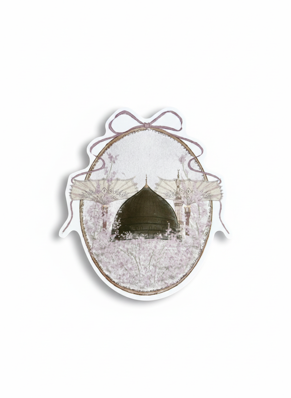 Madinah al Munawwarah Green dome illustrated sticker. iconic fans and florals sticker in oval frame with bow. Resting on white professional background 