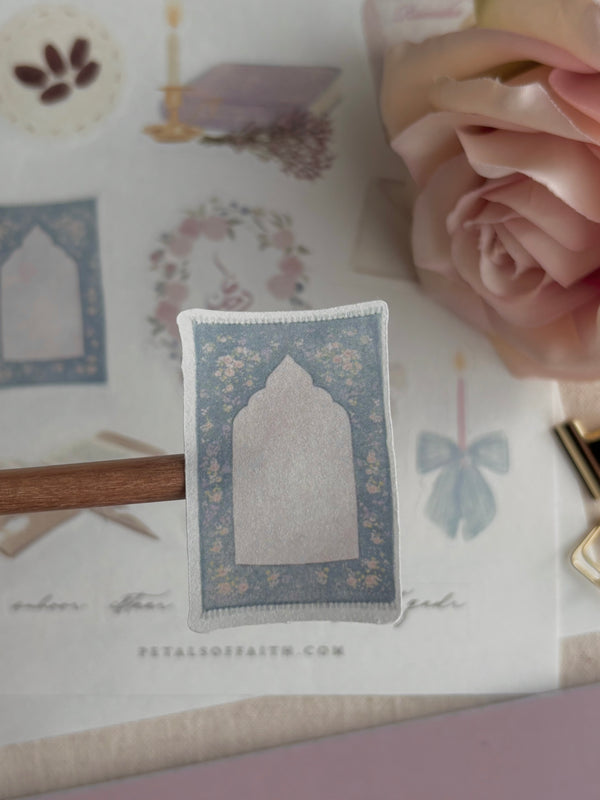 Close of of blue and pink floral prayer mat sticker from an A5 Islamic  art sticker sheet 