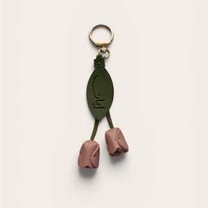 Iman keychain with two dusty pink tulip buds and sage green leaf Arabic calligraphy