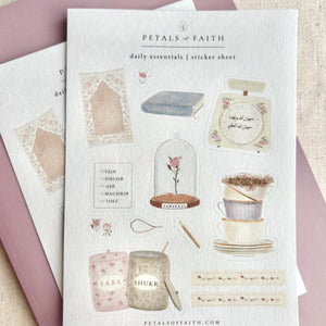 Islamic A6 sticker sheet with prayer mat, Quran, miswak, sabr & shukr jars, salah checklist