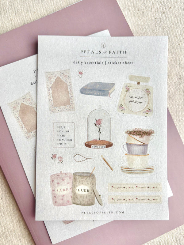 Islamic A6 sticker sheet with prayer mat, Quran, miswak, sabr & shukr jars, salah checklist