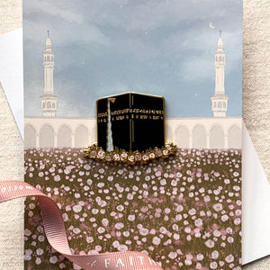 Kabah floral enamel pin with matching Islamic greeting card