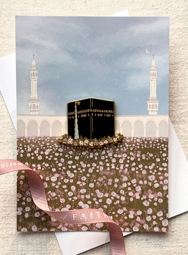 Kabah floral enamel pin with matching Islamic greeting card