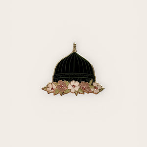 Gold plated Madinah green dome magnet and pin badge with dusty pink florals and diamantés