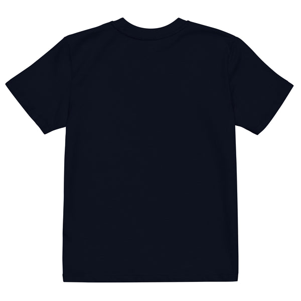 Back view of navy organic cotton boys Islamic t-shirt – plain back, design on front