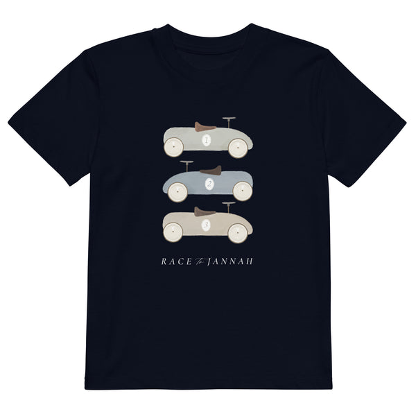 Front view of Race to Jannah boys Islamic t-shirt in navy with vintage toy car design