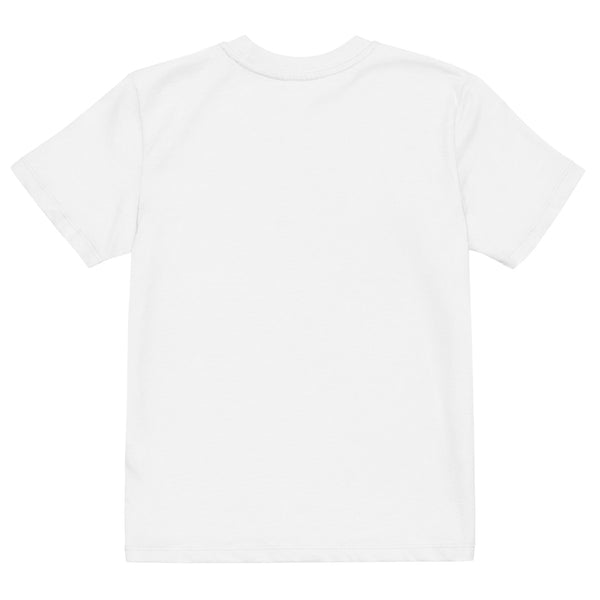Back view of white organic cotton boys Islamic t-shirt – plain back, Race to Jannah design on front