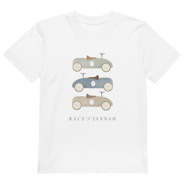 Front view of Race to Jannah boys Islamic t-shirt with vintage toy car design on white organic cotton