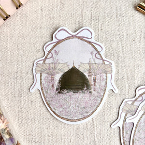Madinah Prophet's Mosque Floral Sticker - Pink Bow, Green Dome, Islamic Art
