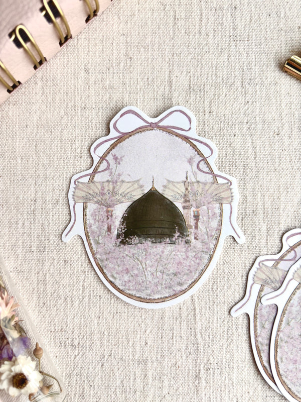 Madinah Prophet's Mosque Floral Sticker - Pink Bow, Green Dome, Islamic Art