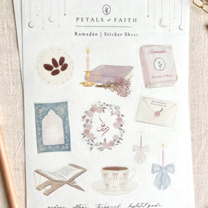 Ramadan sticker set featuring Islamic calligraphy, floral designs and faith filled illustrations for journaling and planners
